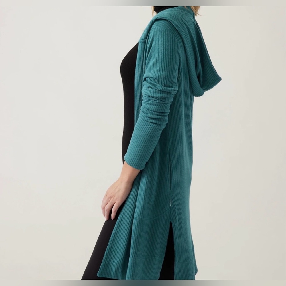 Athleta Harmony Pose Wrap Cardigan Oversized XXS Green Hooded Rib Knit